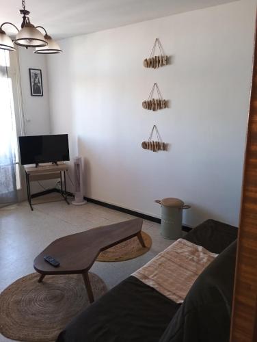 un salon avec un canapé et une table dans l'établissement Appartement T2 près de la mer, à Canet