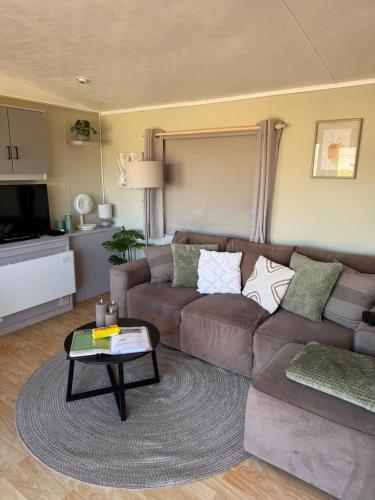 a living room with a brown couch and a table at Modern Chalet nabij Ijsselmeer met mooi buitenzwembad op sfeervolle camping in Warns