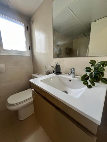un bagno con lavandino, WC e specchio di Alojamiento entero en el maritimo a Palma de Mallorca