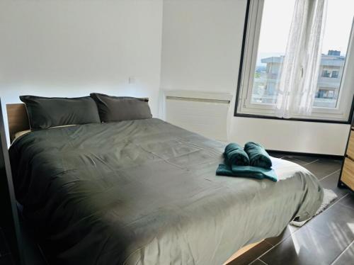 un lit dans une chambre avec une grande fenêtre dans l'établissement Le Cosy I Studio, à Annemasse