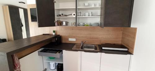a kitchen with a sink and a counter top at RITTERTAL Altmünster Traunsee Apartment in Altmünster