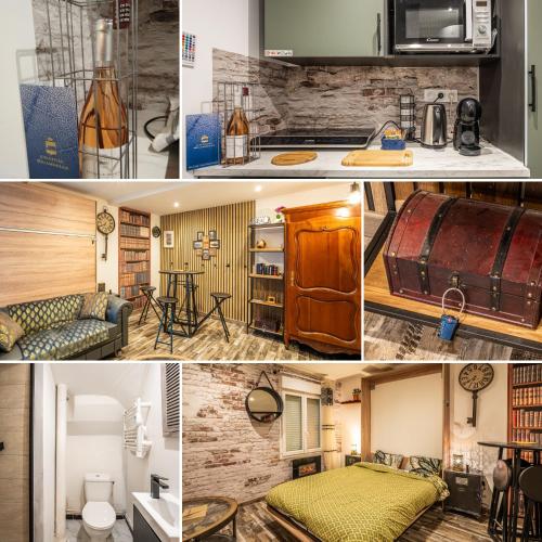 un collage de photos d'une chambre d'hôtel dans l'établissement Escape Room - les Trésors de Narbonne, à Narbonne