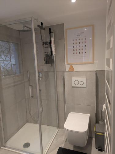 a bathroom with a shower and a toilet at Haus am Waldrand in Großbreitenbach