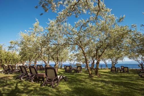 a group of chairs sitting in the grass near the water at Hotel Vila Rova in Malinska