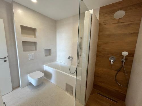 a bathroom with a shower stall and a toilet at Villa in a quiet area - Private Pool - Sport - Starlink - BBQ in Baška Voda