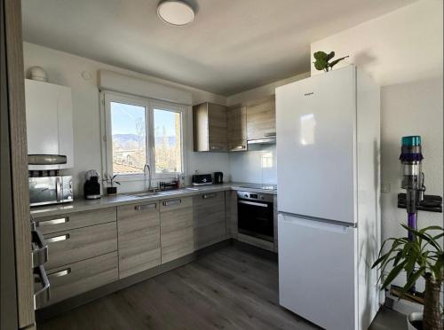 une cuisine avec un réfrigérateur blanc et une fenêtre dans l'établissement Charming apartment near Geneva, à Saint-Julien-en-Genevois