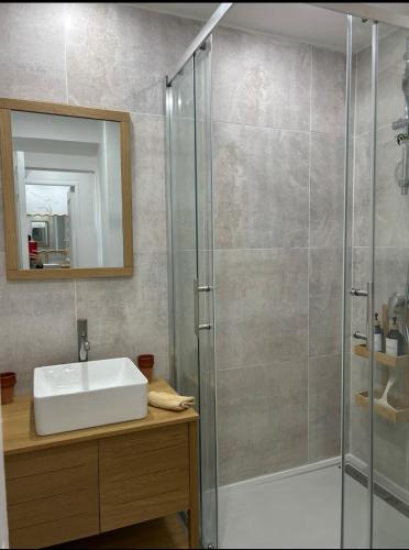 une salle de bain avec un lavabo et une douche dans l'établissement T3, sublime sea view, Saint-Tropez, à La Celle-sous-Gouzon