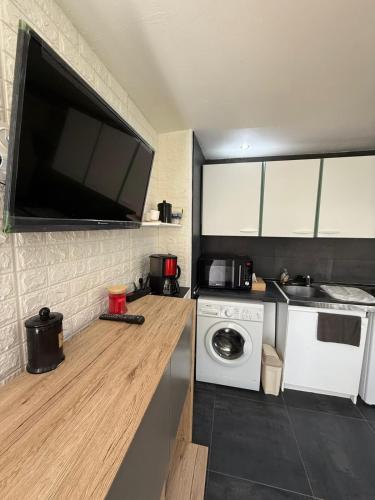 Il comprend une cuisine équipée d'un lave-linge et une télévision murale. dans l'établissement Joli studio au Rez de chaussée, à Beaune