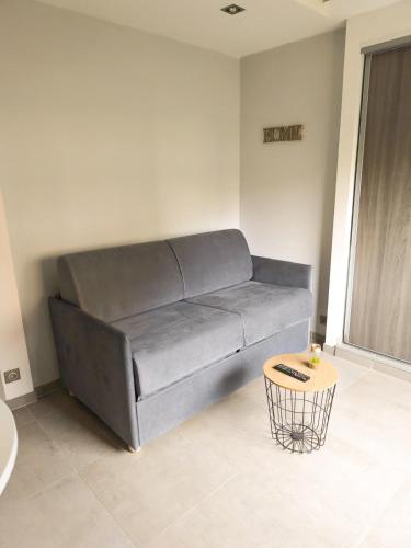 - un canapé gris dans le salon avec une table dans l'établissement Contemporary 2P Studio Just Steps from the Beach, à Cagnes-sur-Mer
