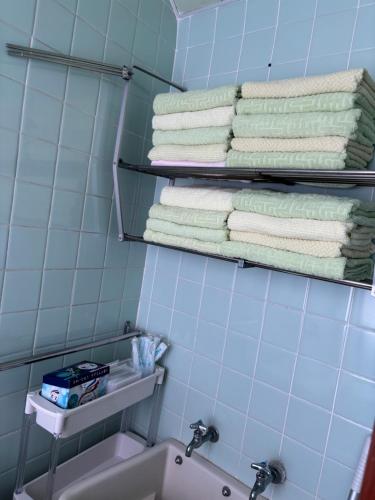 a bathroom with towels on a shelf above a sink at 国際通りの宿 てぃーら in Makishimachi