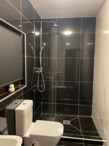 a bathroom with a shower and a toilet in it at The Owl Stony Snug in Carstairs Junction