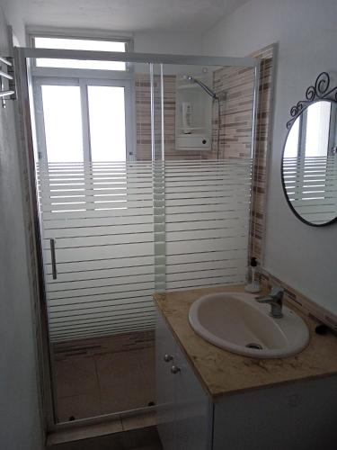a bathroom with a sink and a mirror and a shower at Casa Lucas tres in Almáciga