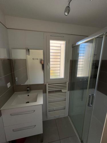 une salle de bain avec un lavabo et une douche dans l'établissement Villa bord de mer Vias plage, à Vias