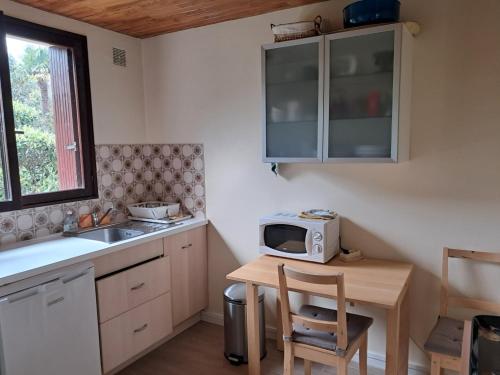 - une cuisine avec une petite table et un four micro-ondes dans l'établissement Appartement avec piscine et proche de la plage, à Ondres