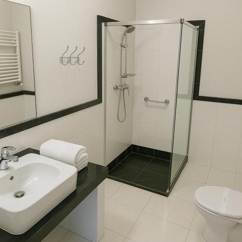 a bathroom with a shower and a sink and a toilet at Resort Klewinowo in Klewinowo