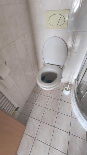 baño pequeño con aseo y suelo de baldosa. en Pretty Nice view Apartment, Private Parking, 8min to center by car, en Bratislava