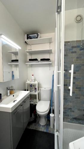 une salle de bain avec toilettes et lavabo dans l'établissement Sunny Studio with Balcony - buttes Chaumont park, à Paris