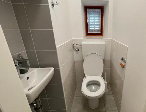 a small bathroom with a toilet and a sink at Hišica na morju in Ankaran