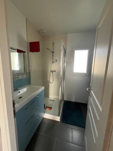 a bathroom with a shower and a sink and a mirror at La P'tite Huguette in Port-en-Bessin-Huppain