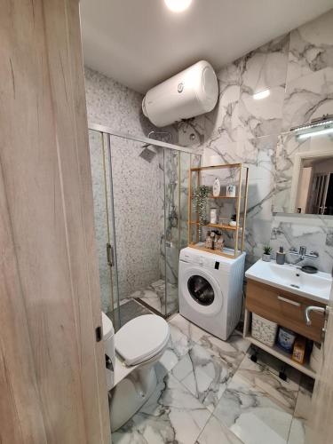 a bathroom with a toilet a sink and a washing machine at Vavic 1 in Španjola