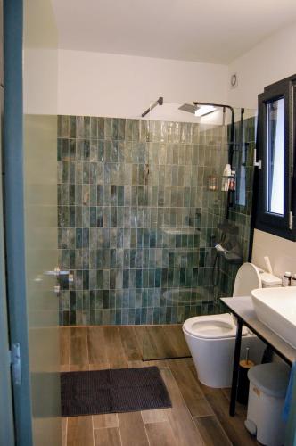 a bathroom with a shower and a toilet and a sink at Olive Valley in Tyros