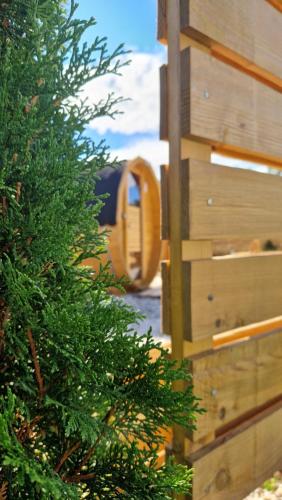 a pine tree in front of a wooden fence at Widokowo - Domki z widokiem na Śnieżkę z Jacuzzi i Sauną in Karpacz