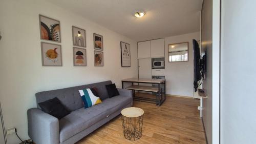 un salon avec un canapé et une table dans l'établissement Chez Florie - Résidence Les Cimes à la Foux d'Allos 6 couchages piscine sauna et hammam, à La Foux d'Allos