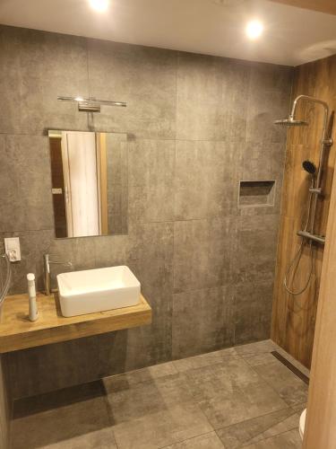 a bathroom with a sink and a mirror at J&L Lake Resort in Grądzkie