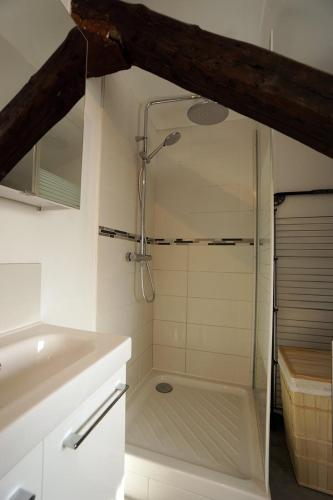 une salle de bain avec une douche avec un lavabo et une douche dans l'établissement Dalikyda - La Perle de Montivilliers, à Montivilliers