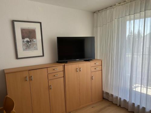 a flat screen tv sitting on top of a wooden cabinet at Ferienwohnung Predigtstuhl Resort in Sankt Englmar