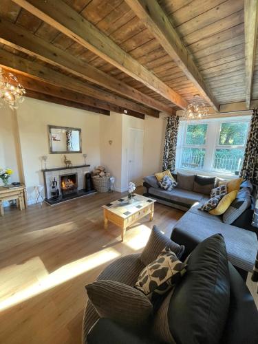 a living room with a couch and a fireplace at Samieston Lodge, near Jedburgh in Whitton