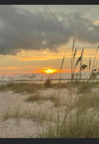 a sunset on the beach with grass in the foreground at Marsa's Place in Edisto Island