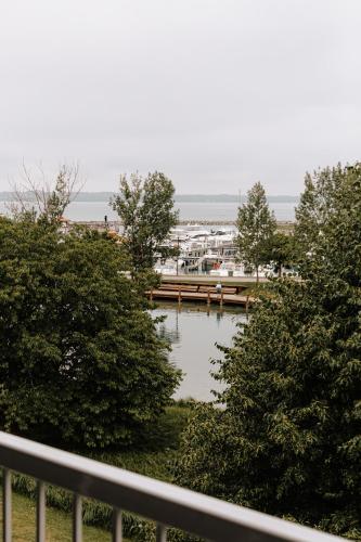 a view of a marina with trees and water at The Dexter by Kasa in Elk Rapids