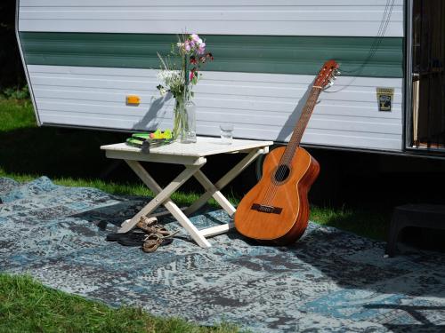 ドロンテンにあるRetro Caravan Karavaanの花瓶が置かれたテーブルの横に置かれたギター