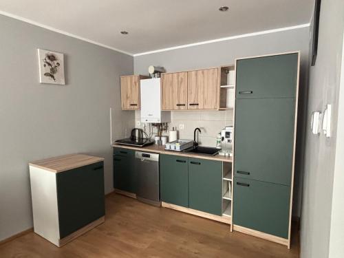 a kitchen with green appliances and wooden cabinets at Apartament u Wojtusia in Stronie Śląskie