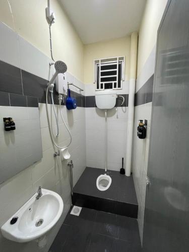 a bathroom with a shower and a toilet and a sink at Qisa Guesthouse 03 in Arau