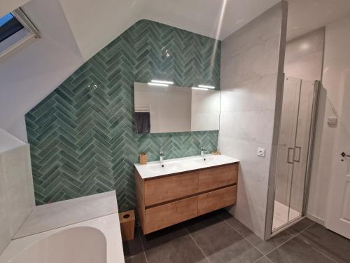 une salle de bain avec un lavabo et une douche dans l'établissement Cottage du Golfe - 2 logements - 18 personnes, à Plescop