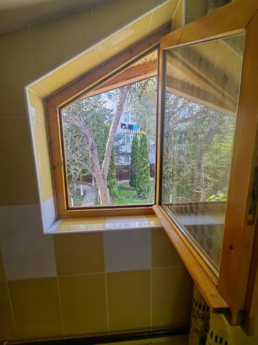 a window in a bathroom with a window sill at Casa bunicilor dor de Bucovina in Câmpulung Moldovenesc