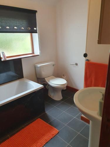 a bathroom with a toilet and a tub and a sink at Cilgerran - cosy cottage in Cilgerran