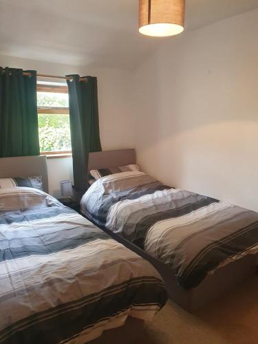 two beds in a bedroom with green curtains and a window at Cilgerran - cosy cottage in Cilgerran