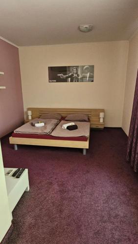 a bedroom with a bed and a picture on the wall at BRASNA APARTMENTS - Kupalisko in Nové Zámky
