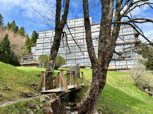 un pont en bois devant un bâtiment dans l'établissement Appartement - Station de ski, à La Bresse