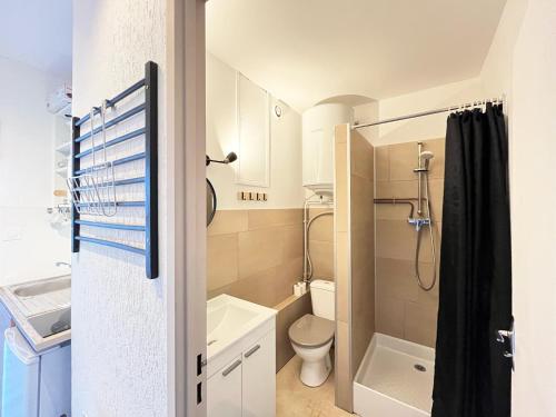 une petite salle de bain avec toilettes et douche dans l'établissement Appartement - Station de ski, à La Bresse