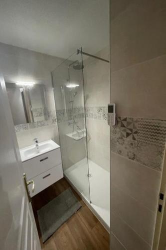 une salle de bain avec douche et lavabo dans l'établissement Magnifique T2 - Émeraude 41, à Canet
