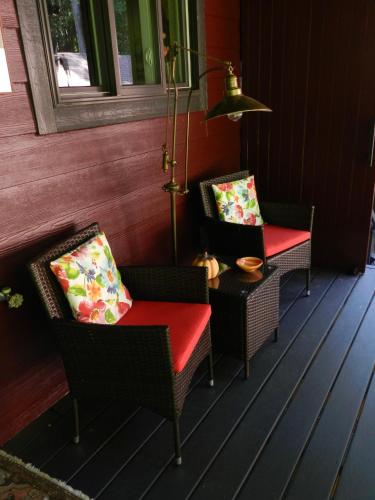 two chairs and a table on a porch at Treetops in Maggie Valley