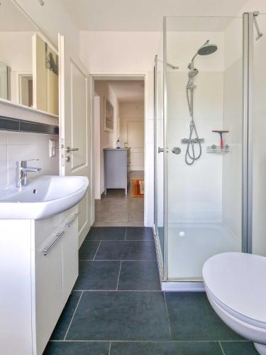 a bathroom with a shower and a sink and a toilet at Silbermöwe in Greetsiel