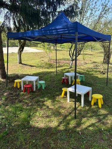 a group of picnic tables under a blue umbrella at Tresnjin cvet in Ripanj