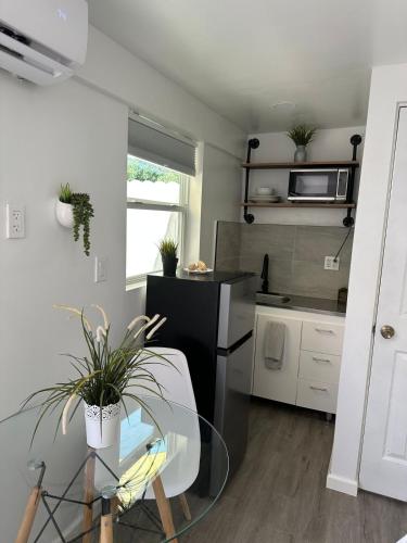 a kitchen with a glass table and a counter top at 2 Nice and Cozy guest house in Opa-locka