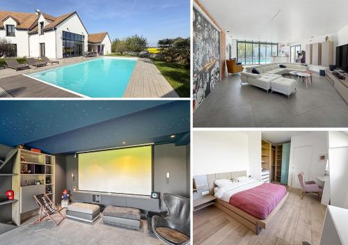 eine Collage mit Bildern eines Hauses mit Pool in der Unterkunft Villa haut de gamme avec Piscine, Bar et Cinéma in Pierre-Levée