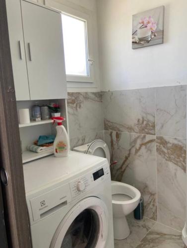 une salle de bain avec machine à laver et toilettes dans l'établissement Villa ensoleillée avec piscine route des plages, à Aimargues